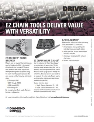 EZ CHAIN TOOLS DELIVER VALUE WITH VERSATILITY" text, EZ Breaker, EZ Wear Gauge, and EZ Chain Rack.