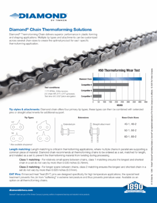 Diamond® Thermoforming Chain Solutions, including wear test graph and attachment tip options.